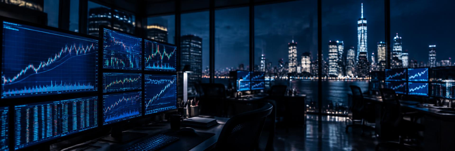 Trading desk monitors showing stock charts over a city skyline at night